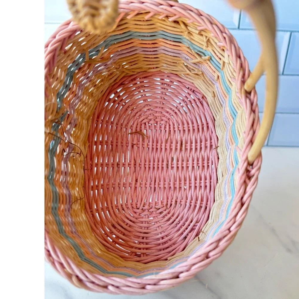 Vintage Woven Wicker Duck Basket Pastel Pink Blue Figural Animal Easter Decor